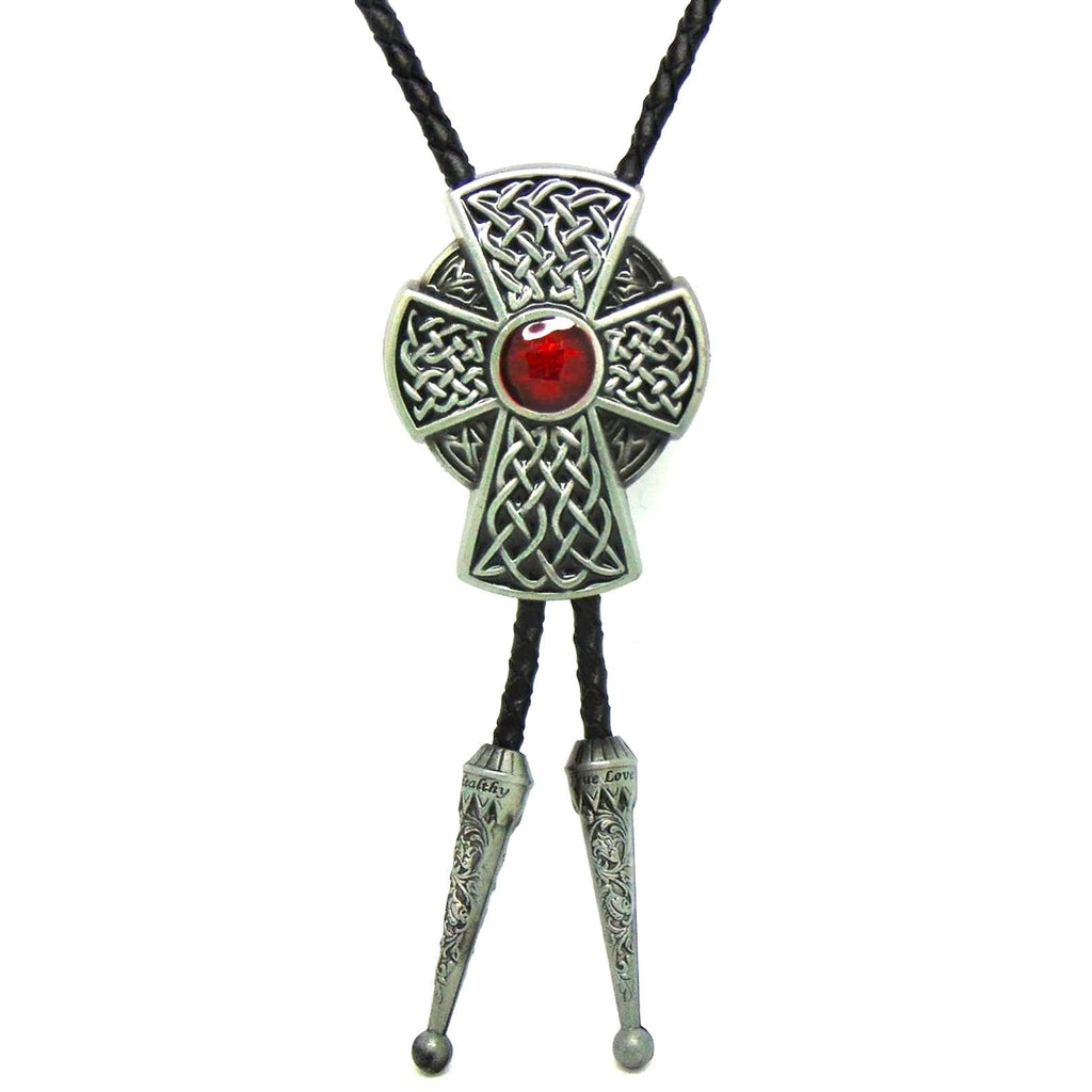 Celtic cross bolo western cowboy crucifix red green stone necklace silver black draw string suit tie cord square dance western wear belt